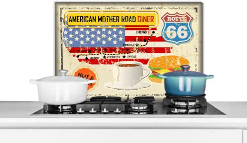 MuchoWow Spritzschutz Küche Küchenrückwand Alu Poster Bilder 70x50 cm Amerika - Vintage - Route - Zeichnung