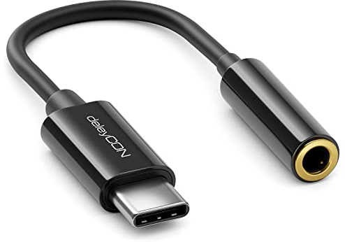 deleyCON 10cm Kopfhörer Adapter USB C auf 3,5mm Klinken Buchse AUX - Kompatibel mit Apple Samsung Google Huawei Xiaomi Smartphone Handy Tablet Laptop PC Surface Kopfhörer Lautsprecher - Schwarz