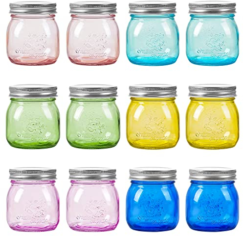 Amzcku Farbige Einmachgläser mit Metalldeckel, normale Öffnung, Einmachglas für Marmelade, Honig, Hochzeitsgeschenke, Duschgeschenke, Einlegen, Lebensmittelaufbewahrung, DIY-Gewürzgläser, 12 Stück