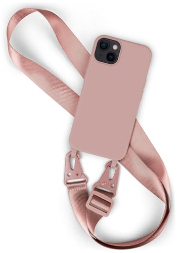 moex Hover Cover für iPhone 13 Handyhülle zum Umhängen mit Band, Hülle mit Handykette abnehmbar, Handyband & Karabiner Lanyard Soft Case mit Verstellbarer Kette, Rosa