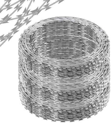 QVQE 820FT Razor Wire Fencing, Galvanized Steel Wire Razor Ribbon Barbed Concertina Wire, 82 Feet per Roll 10 Pcs
