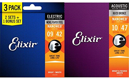 Elixir 16540 Electric 009/042, 3 Sets in einer Verpackung & ® 11002 Saiten 80/20 Bronze Akustik-Gitarrensaiten mit NANOWEB® Beschichtung, Extra Light (.010-.047)