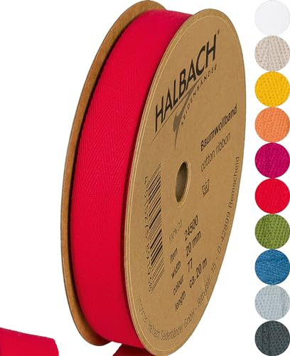 Halbach Seidenbänder Baumwollband 20 mm x m, Bänder zum Basteln als Meterware, Stoffband für Dekorationen, Webband 100% Baumwolle DIY Handwerk, Schrägband Näharbeiten, Farbe: red, 24500
