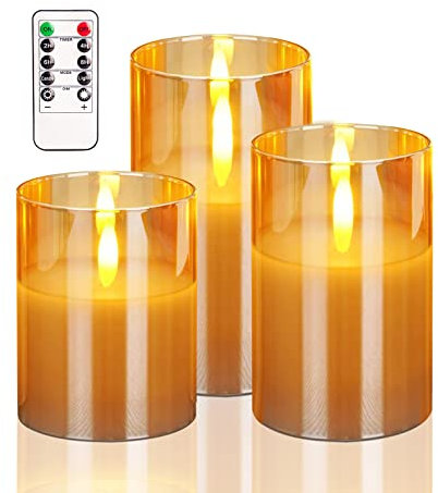 HIYAA LED Flameless Candles, Gold Glass Battery Operated Candles with Remote, 3D Wick Realistic Warm Light, Timer for Wedding Party Christmas Decoration