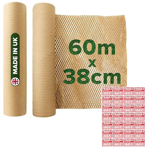 Rouleau d'emballage en papier épais durable en nid d'abeille de 38 cm x 60 m avec autocollant fragile, respectueux de l'environnement, marron, pour travaux manuels, pour objets cassants, emballage