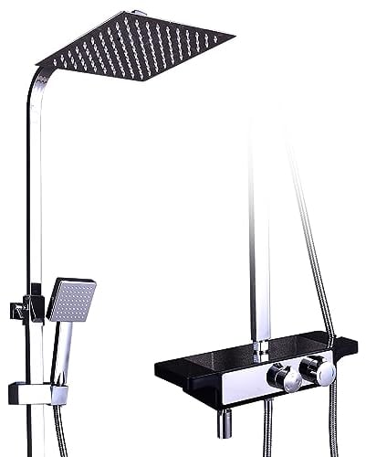 Regendusche Set (Silber), Regendusche Duschkopf, Regendusche mit Armatur, mit Thermostat Handbrause und Brause, Regenbrause mit Ablage