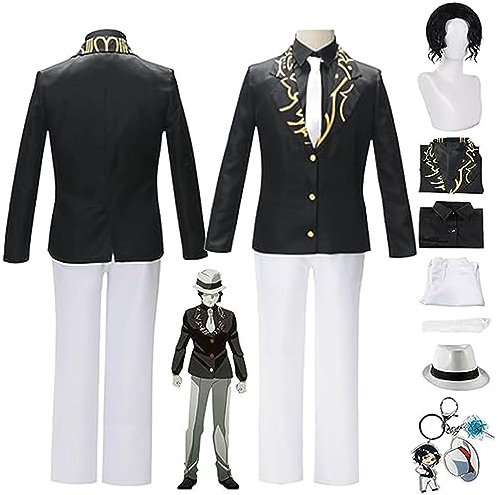 Demon Slayer Anime Kibutsuji Muzan Cosplay Kostüm,Kimetsu No Yaiba Perücke Hut Schlüsselanhänger Schwarze Uniform Komplettset Halloween Comic Game Party Erwachsene Uniform,Men's,S