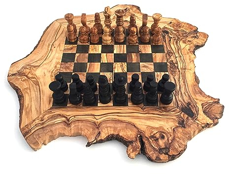 Scacchiera rustica taglia a scelta S/M/L/XL con 32 personaggi di scacchi fatti a mano in legno d'ulivo, idea regalo (L)