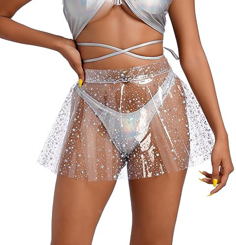 FYMNSI Damen Plastik Transparent Plissee Minirock Festival Rave Outfit Techno Frauen Glitzer Glänzend Neuheit Röcke Hohe Taille Durchsehen Mikro Rock Clubwear Motoparty Fasching Kostüme Stern M