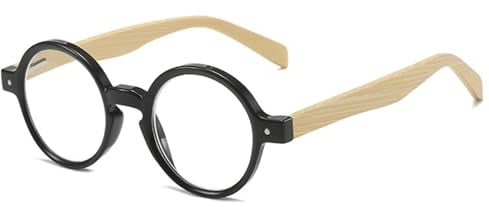 Lanomi Retro Lesebrille Rund Damen Herren Lesehilfe Klein Vintage Holz Bügel Sehhilfe Ohne Blaulichtfilter Brille mit Sehstärke Schwarz 1.5