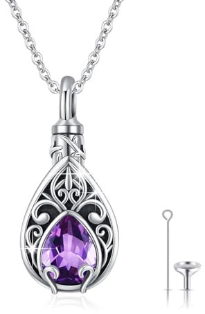 XIXLES Tree of Life Urn Necklace Teardrop Ashes Jewellery 925 Sterling Silver Urn Necklaces for Ashes Cremation Jewellery for Women Men Memorial Gifts for Human Ashes (2-purple birthstone)