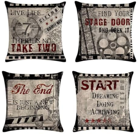 Vintage Kissenbezug 55 x 55 cm Sofakissen Super Weich Kopfkissen 4er Set Film Kissen Deko Kissenhülle mit Unsichtbarem Reißverschluss Kopfkissenbezug Quadrat Kissen für Schlafzimmer Wohnzimmer R848