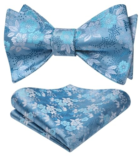 HISDERN Herren Fliege Hellblau Blumen Selbstgebundene Fliege und Einstecktuch Set Einfarbig Anzug für Hochzeit Feier Smoking