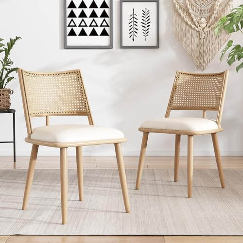 Merax Esszimmerstühle 2er-Set, Küchenstühle mit PU Sitz und Rattan Rückenlehne, Polsterstuhl für Esszimmer, Wohnzimmer und Schlafzimmer, Metallbeine, Beige