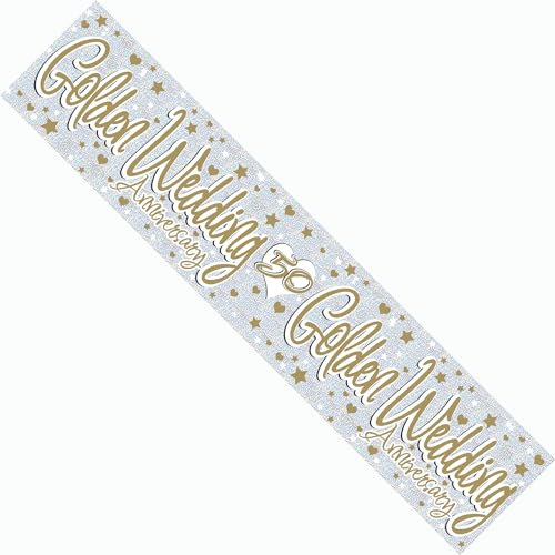 Golden Wedding Anniversary Banner – Extra Wide 50th Wedding Party Decoration, Gold & Silver Glitter Effect Sign with Hearts & Stars, 2.7m x 19cm Celebration Banner