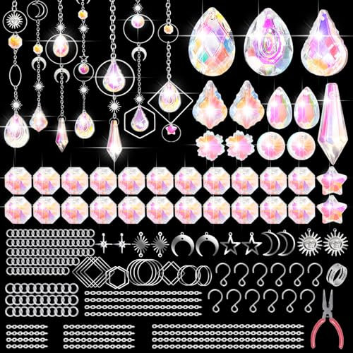 Mispudin 230 Pcs Crystal Suncatcher Diy Kit, Sun Catchers for Windows with Silver Chain Star Sun Moon Pendants, Hanging Crystal Prism for Garden, Rainbow Crystals Window Decorations Hanging