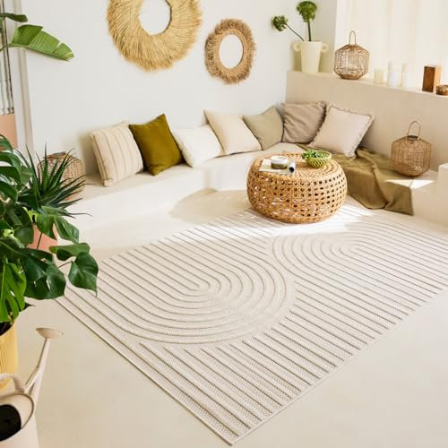 Nazar Tapis Salon Santorini, Interieur Exterieur, Moderne, Blanc, Beige, Gris, Noir, Turquoise, Jaune, Rose, Motif Relief, Poils Court et Doux (986 Blanc, 80x300 cm)