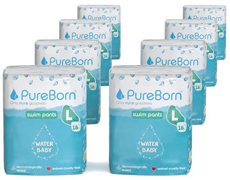 PureBorn Pañal Bañador Desechable, Swim Pants, Talla L (9-14 kg), 144 unidades (8x18), Diseñados para la Playa y la Piscina, Ultra-Suaves, Elásticos, Sin Fugas, Estampados de Verano