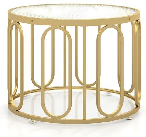 LIFEZEAL Mesa Oro de Salón 3 en 1, Cristal Templado+Metal, Centro Redonda Con 2 Estantes, Estructura Desmontable, Giratoria, Baja para Salón, Oficina, Φ60,5 x 44,5 cm