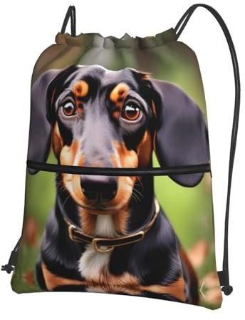 EdWal Rucksack mit Dackel-Motiv, mit Kordelzug, Sporttasche mit Reißverschlussfach für Reisen, Strand, Schwarz , One size
