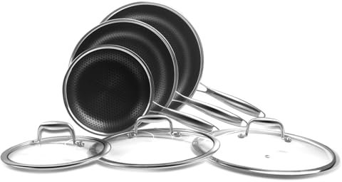 Cyder Lot de 6 poêles à frire de 20,3 cm, 25,4 et 30,5 cm, poêles hybrides antiadhésives en acier inoxydable 18/10 avec couvercle, chauffage uniforme et rapide, compatible avec toutes les plaques de