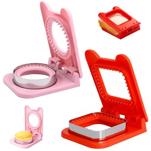 YCHYAN 2 Pièces Découpeurs de Sandwich Enfant, Sandwich Cutters, Sandwich Cutters Sealer, Carré Rouge, Rond Rose, Convient aux Sandwichs Bricolés des Enfants, aux Déjeuners Bento