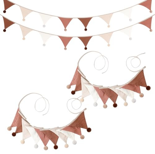 AiQInu Wimpelkette Stoff mit Puschel, 2.6m Wimpelkette Kinderzimmer, Girlande Stoff für Hausbett, Kindergeburtstagsfeier Deko (Beige-Kaffeefarbe)