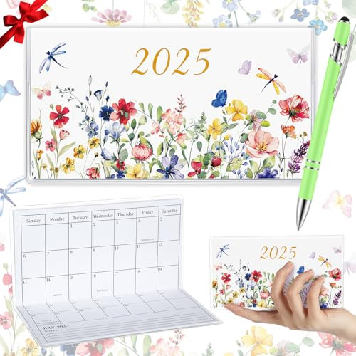 Gueevin 2025 Pocket Calendar for Purse with Pen Small Pocket Planner Handy Weekly Monthly Planner Journal Writing Notebook Christmas New Year Gift Sister Friend Women(Light Green,Wildflower)