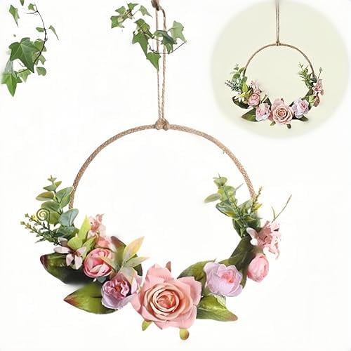 HJYDGJ Metall Wandkranz Künstliche Blumen Orchidee Türschild Frühlingsdeko Blumen Metallring Eukalyptus Kranz Türkranz Deko Ringe Türkranz Künstliche