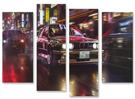 islandburner Prime Bild auf Leinwand Klassischer BMW in der neonbeleuchteten Stadtgeschwindigkeit für Garage Autoliebhaber Autowerkstatt Bilder Wandbilder Poster
