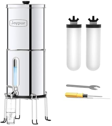 Joypur Filtro de Agua por Gravedad con Filtros Cerámicos, Depósito de 5.7L, Acero Inoxidable, Sistema de 38000L, Plegable y sin Electricidad, para Hogar, Camping