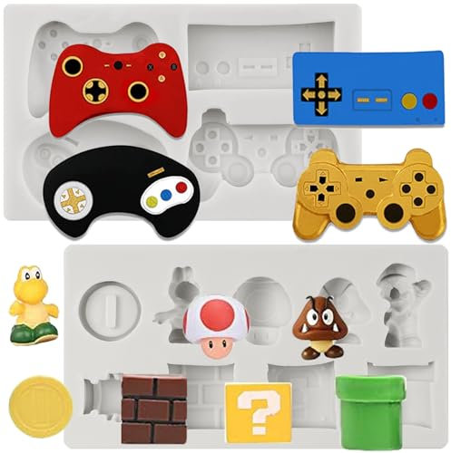 Sijiangmold Game Controller Silikonform Super Cube Pilz Drache Goldmünze Fondantformen für Kuchendekoration Cupcake Topper Schokolade Süßigkeiten Gummipaste Polymer Clay 2er Set