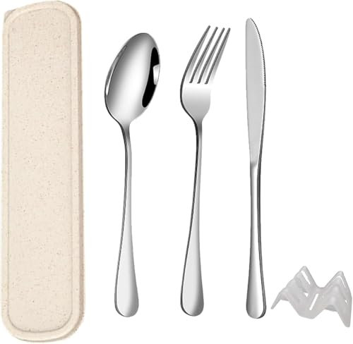 QZLSAYSL Set De Couverts De Voyage, Couverts, Couverts De Voyage, BoîTe De Couverts RéUtilisables Pour L'éCole, Le Voyage, Le Camping-5pcs (beige)