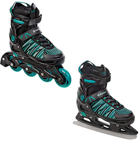RAVEN Inline Skates Inliner für Kinder und Erwachsene OPTIONAL 2in1 mit Schlittschuhen verstellbar (Vella Black/Mint mit Kufen, 37-40 (23,5-26cm))
