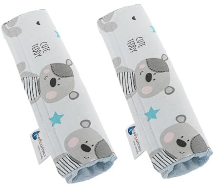 Medi Partners Gurtpolster Kinder 2 Stück Autogurt Polster Gurtschutz für Auto - 17x22cm 100% Baumwolle Minky Schulterpolster Kids Gurt Schutz Sicherheitsgurt (Teddybär mit hellblauen Minky)