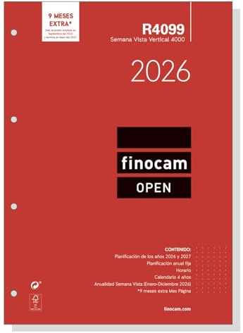 Finocam - Recambio agenda Open 2026 Semana Vista Vertical | Enero - Diciembre (12 meses) | Recambio anual agenda R4099 con 4 taladros - Español