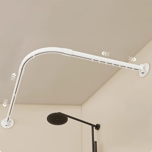 Verstellbare gebogene Duschvorhangstange, einziehbare Edelstahl-Ecke, rundes Design für Badewanne und Badezimmer, ohne Bohren und Bohren (Weiß 110-130 cm)