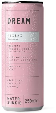 Water Junkie DREAM Reishi Mushroom Drink, Sparkling Functional Drink, Rhubarb Rose Vanilla, Healthy Drinks for Adults, Low Sugar, 12 x 250 ml Cans with Sage Ginseng Chamomile Formula