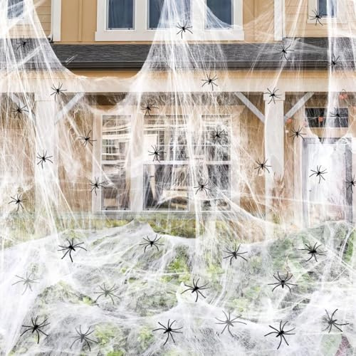 Augesak Halloween Deko Spinnennetz 200g Spinnenweben Halloween Deko Outdoor Mit 50pcs Schwarzen Spinnen Realistisch Spinnennetz Dekoration für Helloween Horror Party Outdoor Garten Dekoration