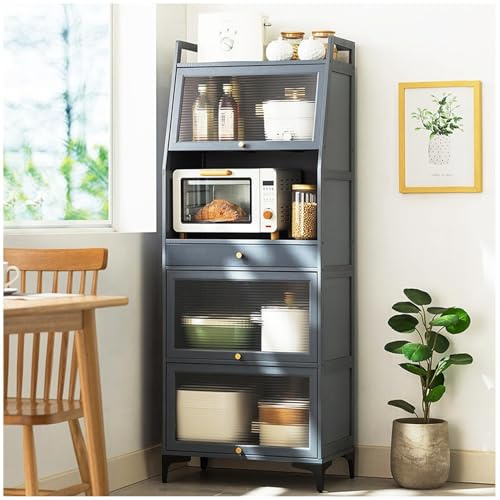 OWOHYG Bamboo Kitchen Pantry Cabinet with Wine Rack & Microwave Stand, Freestanding Storage Organizer with Doors and Drawers, 158×60cm