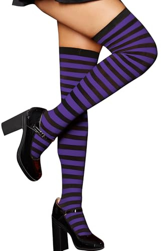 RSLOVE Women Striped Hold-up Stockings - Thigh High Socks Over Knee Halloween Tights Black Purple