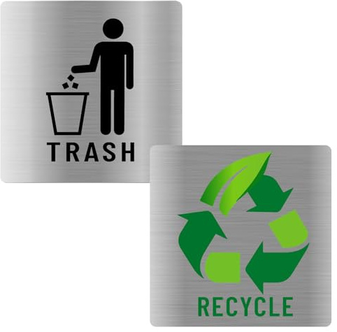 PRESSINART 2Pcs 2 Styles Trash and Recycle Stickers for Kitchen Bins 16 cm | Stainless Steel Style Square Plastic Self-Adhesive Waterproof Small Recycle Decals for Outdoor Home Business Office Waste Bin