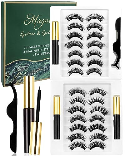 14 Pairs Magnetic Eyelashes Set with Waterproof Magnetic Eyeliner, Reusable False Eyelashes in Natural & Dramatic Looks, No Adhesive Required