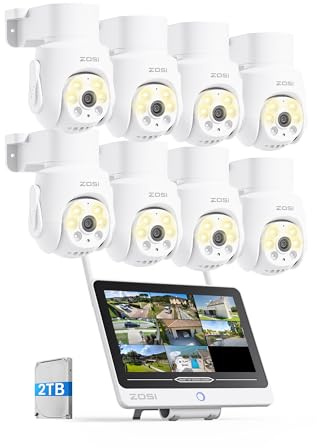 ZOSI 5MP Kit Caméra Surveillance WiFi avec NVR 8CH 2TB Moniteur 12 Pouces | Pan & Tilt Vue à 360°, Détection et Suivi de Personne, Vision Nocturne Couleur, Alerte Instantanée