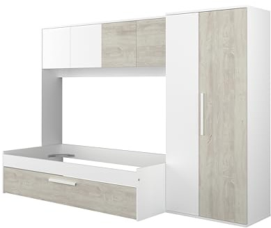 Mobelcenter, Cama Nido Puente con Armario Artik Reversible, Color Blanco y Cascina, 90x200 cm, Espacio de almacenaje, Medidas: Ancho: 298,4 cm. x Fondo: 96,5 cm. x Alto: 203,3 cm. (1600)