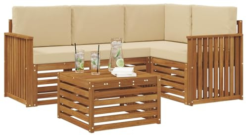 vidaXL Sofagarnituren 5 pcs Natur und Beige Massivholz Akazie, Moderne Gartensofa-Gruppe, stylische Möbel, gemütliche Lounge, Akazie und Holz für die Terrasse