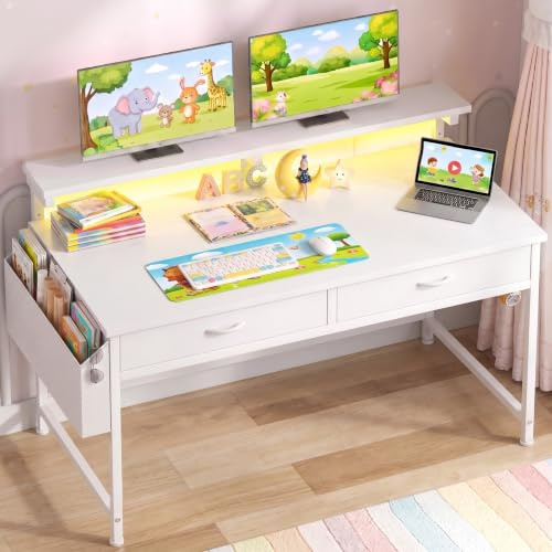 Klyvvo Escritorio con Luces LED y 2 Cajones, 100x50 cm Mesa Gaming con Soporte para Ganchoy Bolsa Lateral, Escritorio RGB con Gancho para Oficina en Casa, Oficina y Habitación Juvenil, Blanco