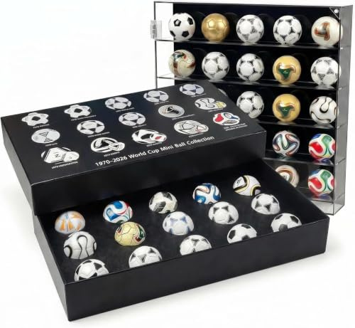 Mini Soccer Collectible Set with Acrylic Display Shelf, 15 PVC Mini Soccer Balls, World Cup Gift for Collectors Fans, Soccer Decor
