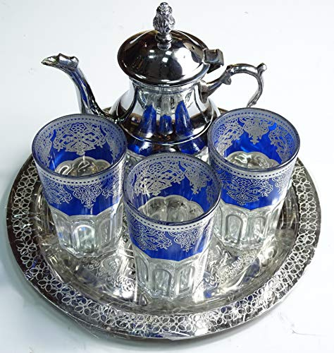 Juego de te marroquí pequeño artesanal : bandeja 25 cm + tetera + 3 vasos de cristal