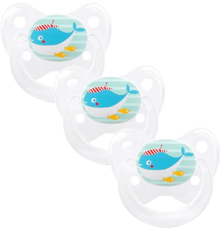 dentistar Silikon Schnuller 3er-Set - Größe 1 Schnuller 0-6 Monate - Zahn- & kieferfreundlicher Nuckel mit Dental-Stufe – BPA-frei – Made in Germany - Wal, Transparent